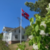 Bilde av en syrinbusk og et norsk flagg på en flaggstang av glassfiber med vippebeslag
