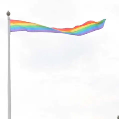 Pridevimpel med regnbuefarger heist i flaggstang med overskyet bakgrunn